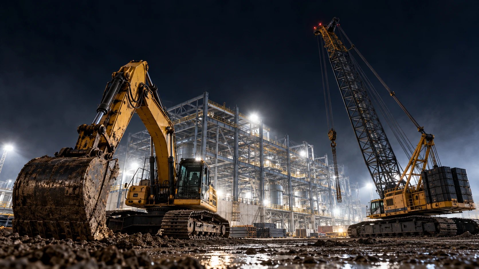 Maquinaria pesada trabajando de noche en una obra industrial